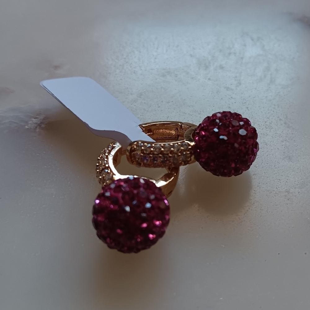 Gold plated pink crystal hoop earrings diamonds simulated